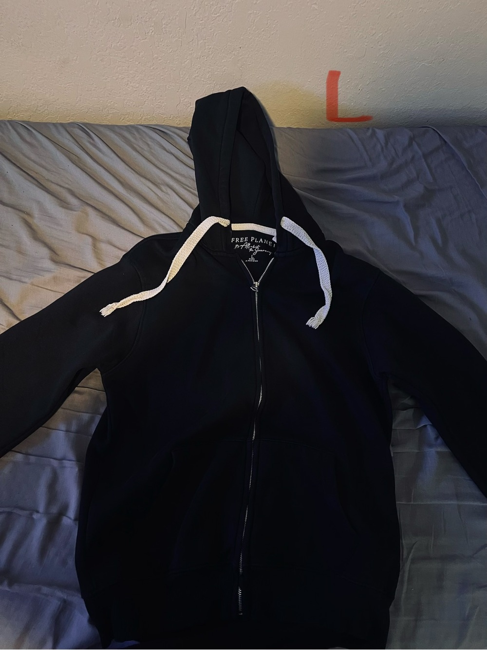 Free Planet Men’s Black Zip-Up Hoodie with White Drawcords